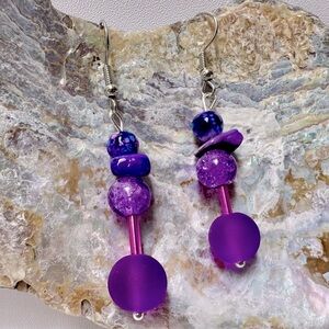 Purple and Blue Beaded Dangle Earrings